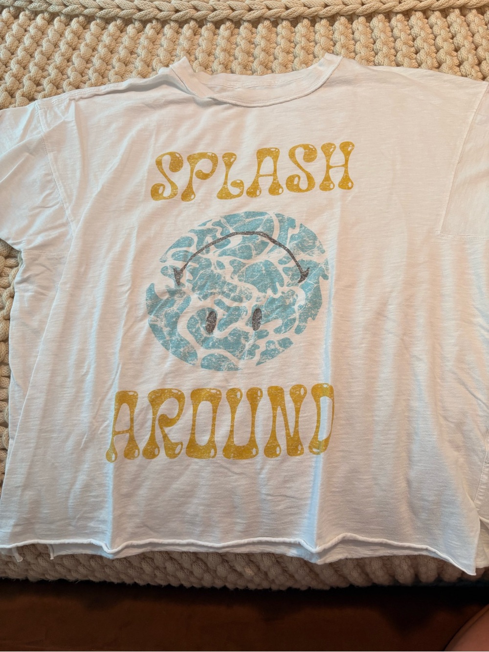aerie White Short Sleeve Tee with Yellow and Light Blue Graphic